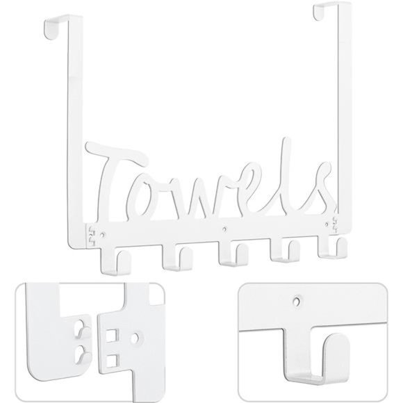 Bath Over The Door Towel Rack 5 Hooks Towel Holder Wall Hooks for Robe, Towels - Picture 2 of 6
